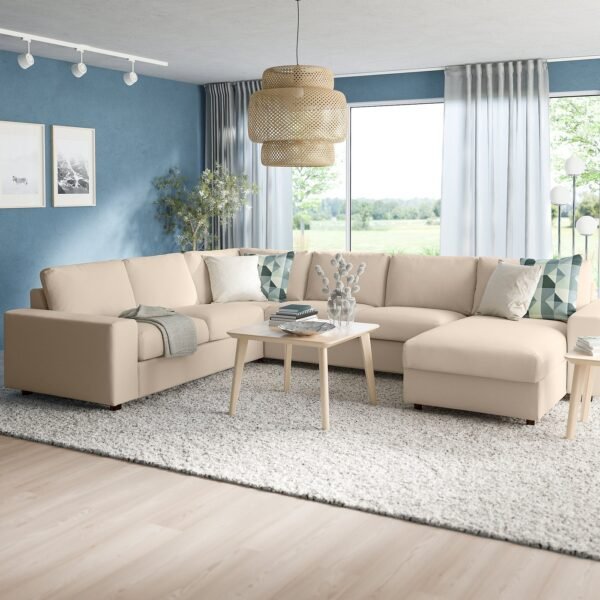 Corner Sofa 5 Seat with Chaise Longue Wide Armrests Beige